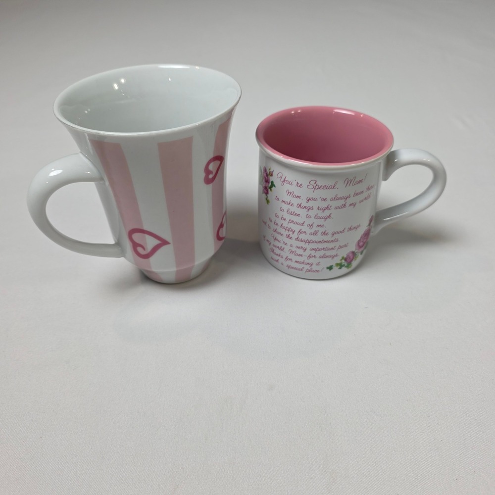 Coffee Mugs Set of 2 Carlton Cards Mom Poem Hearts Stripes Stoneware Mothers Day